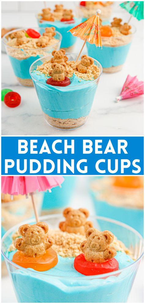 Teddy Graham Jello Cups, Beach Pudding Cups, Teddy Graham Recipes, Kids Summer Desserts, Summer Treats For Kids, Beach Desserts, Summertime Desserts, Beach Dessert, Beach Treats