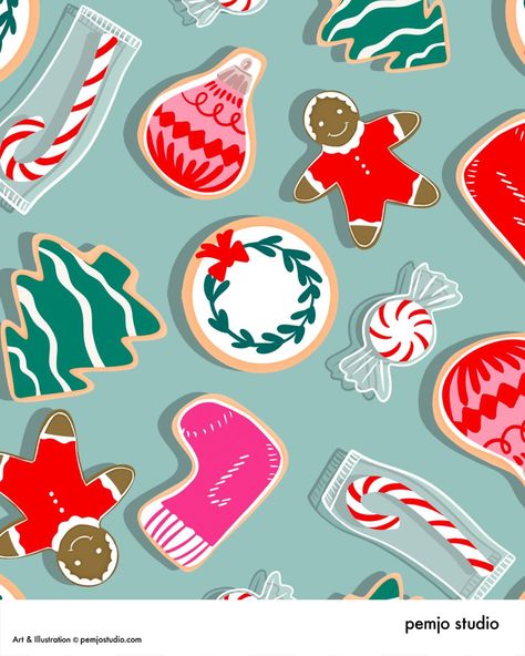 As promised, some Christmas for your August! 😜 my entry for this weeks @spoonflower challenge, the Christmas Ditsy. This is a close up of the pattern, featuring fun festive foods and treats for Christmas. #festivefoods #christmasart #artforproducts #artforlicensing #christmasillustration #christmaspattern #surfacedesign #holidayart #bakingart #christmascookies #spoonflowerchallengedesigns Christmas Cookie Illustration, Christmas Cookies Illustration, Cookie Illustration, Treats For Christmas, Colorful Coquette, Driving Home For Christmas, Clay Designs, Baking Art, Christmas Plants