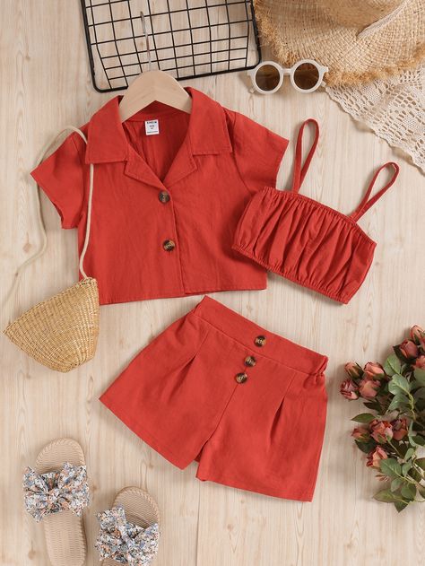 Red Casual Collar Short Sleeve  Plain  Embellished Non-Stretch  Toddler Girls Clothing Girls Clothes Patterns, Kids Wear Girls, Summer Outfits Kids, Plus Size Fashion For Women, Kids Outfits Girls, Dresses Kids Girl, Teenage Fashion Outfits, Toddler Girl Outfits, Cami Top