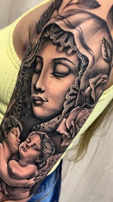 Virgin Mary Tattoo For Women Sleeve, Back Tattoo Portrait, Christian Shoulder Tattoo, For Arm Tattoos For Women, Virgen Mary Tattoo For Women, Saint Mary Tattoo, Virgin Mary Tattoo For Women, Saint Jude Tattoo, Hispanic Tattoos For Women