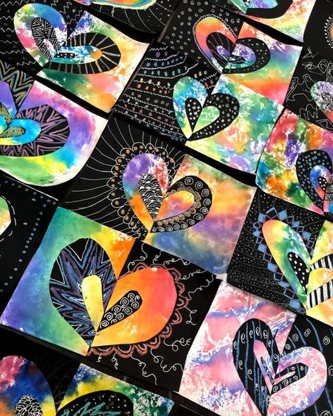 Lauralee Chambers🌀 on Instagram: "This is a favorite…Simple heart Notans on top of marker foil prints backgrounds. You only need a half sheet of black paper to cut half a heart out of. Positive and negative flips with contrast. Embellished with @crayola metallic markers. #heartart #artoftheday #hearts #notan #4thgradeart" Half A Heart, Notan Art, Heart Art Projects, Third Grade Art, Metallic Markers, Valentine Art Projects, Foil Prints, Kindergarten Art Projects, 2nd Grade Art