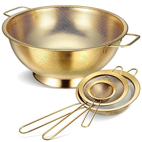 Norme 5 Quart Stainless Steel Gold Colander and 3 Pcs Gold Fine Mesh Strainer, Stainless Steel Pasta Rice Food Metal Strainer with Handles, Easy Clean and Dishwasher Safe Gold Kitchen Accessories, Rice Food, Pasta Rice, Food Strainer, Fine Mesh Strainer, Dark Home Decor, Mesh Strainer, Gold Kitchen, Kitchen Helper