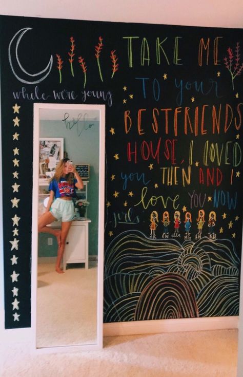 Chalkboard Wall Bedroom, Chalkboard Wall Art, Hangout Room, Chalk Wall, Friends House, Chalkboard Wall, Small Apartment Decorating, Wall Bedroom, Room Goals