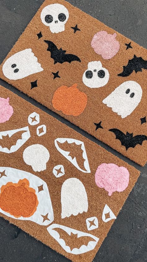 Halloween Doormat Stencils, Halloween Door Mat Stencil, Spooky Mats, Spooky Craft, Girls Night Crafts, Halloween Cricut, Mat Ideas, Door Mat Diy, Halloween Doormat