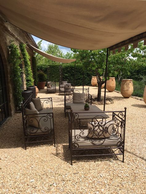 Pea Gravel Sitting Area, European Gravel Patio, French Courtyard Garden Ideas Pea Gravel, Pea Gravel Patio With Gazebo, Outdoor Sitting Area Ideas Pea Gravel, French Garden Design, Pea Gravel Patio, Gravel Landscaping, Gravel Patio