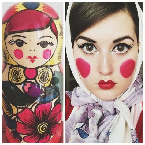 I absolutely LOVE matryoshkas (or babushka dolls or Russian nesting dolls, whatever you wanna call them.) This one I have in my collection is especially purdy so I felt like recreating her adorable makeup:) Matryoshka Doll Costume, Russian Party, Russian Matryoshka Doll Tattoo, Russian Doll Show, Matryoshka Doll Art, Russian Matryoshka Doll, Purim Costumes, Happy Halloweenie, Doll Halloween Costume