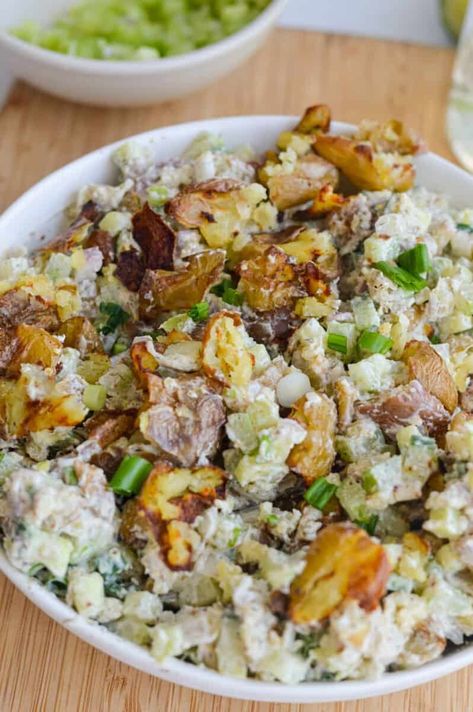 This Dill Smashed Potato Salad is crispy, creamy and crunchy for a crowdpleaser side. This isn't your gloopy supermarket potato salad! Mustard Broccoli, Smashed Potato Salad, Dill Potato Salad, Dill Potato, Crunch Salad, Creamy Potato Salad, Dried Potatoes, Grilled Chicken Thighs, Greek Yogurt Recipes