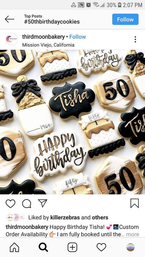 Black And Gold Cookies Birthday Parties, 50 Bday Cookies, 50th Cookie Ideas, Black And Gold Birthday Cookies Decorated, 50 Th Birthday Cookies, 50 Cookies Birthday, 50th Cookies Birthday Men, 50th Birthday Cookie Ideas, 50th Cookies Birthday For Women