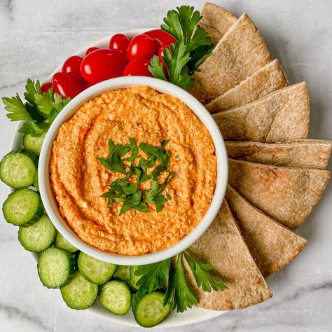 Red Pepper Feta Dip, Greek Dip, Roasted Red Pepper Dip, Pepper Hummus, Roasted Red Pepper Hummus, Greek Restaurant, Red Pepper Hummus, Feta Dip, Dip Recipes Easy