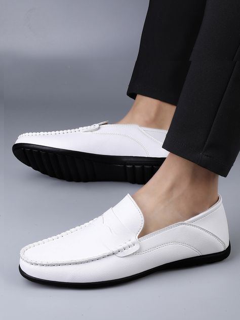 White  Collar   Plain Penny Loafers Embellished   Men Shoes White Loafers Men, Loafers Men Casual, Mens Loafers Casual, Penny Loafers Men, White Loafers, Chanel White, White Leather Shoes, White Dress Shoes, Driving Loafers