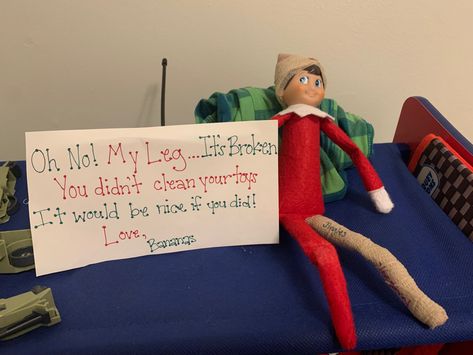 Dirty room ? The elf has an idea to get your kids to help out ! It just cost him a leg and a bump on the head ! Dirty Room Elf On The Shelf, Elf On The Shelf Ideas Big Mess, Elf On The Shelf Dirty Room, Clean Your Room Elf On The Shelf, Elf On The Shelf Messy Room, Elf On The Shelf Ideas Kids Misbehaving, Elf On The Shelf Misbehaving Kids, Dirty Room, Elf On The Shelf Idea