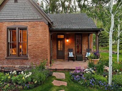 Brick House Exterior Ideas, Brown House Exterior, Brick House Exterior, Open Porch, Red Brick House Exterior, House Exterior Ideas, Stone Foundation, Brick Cottage, Copper Gutters