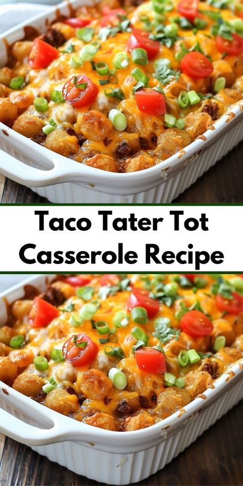 Delicious Taco Tater Tot Casserole: A perfect blend of beef, cheese, and crispy tots. Easy and family-friendly! Tater Tot Nachos Ground Beef, Gator Tot Casserole, Tator Tots Casserole Hamburger, Tatertot Casserole Recipe Beef, Loaded Tater Tot Casserole, Tater Tot Casserole With Ground Beef, Tater Taco Casserole, Tater Tots Casserole, Taco Tater Tot Casserole