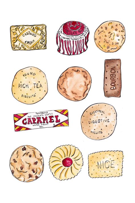 Great British Bake Off Drawings, The Great British Bake Off Illustrations, British Tea Biscuits, Cookie Illustration Design, Cookies Drawing Illustration, Biscuit Tattoo, Biscuit Drawing, Biscuits Illustration, Watercolour Cookies