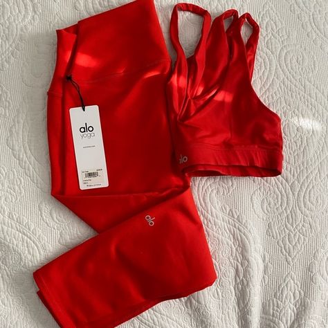 ALO YOGA set in cherry red with tags Alo Yoga Workout Set, Red Yoga Outfit, Red Workout Aesthetic, Alo Workout Set, Red Workout Outfit, Alo Yoga Aesthetic, Red Gym Outfit, Red Workout Set, Alo Set