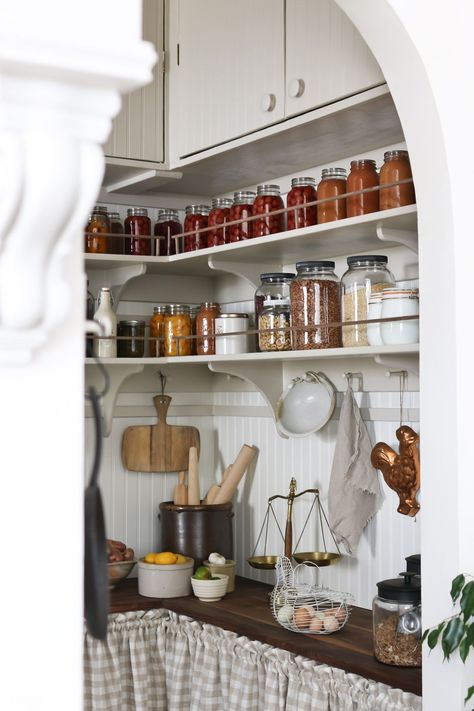 I’m doing a total of reveal our completed Butler’s Pantry.  Get inspiration for designing a beautiful, functional pantry.  Who knew that the pantry could be your favorite room?! English Cottage Pantry, Country Pantry Farmhouse Style, Simple Pantry Design, French Country Pantry, Hobbit Pantry, Victorian Pantry, Cottage Pantry, Cozy Homestead, Functional Pantry