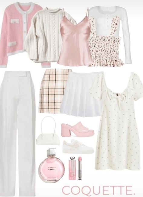 Girly Capsule Wardrobe, Coquette Wardrobe Essentials, Coquette Capsule Wardrobe, Coquette Office Outfit, Capsule Wardrobe Romantic, Coquette Outfit School, Coquette Outfits For School, Coquette Wardrobe, Pink Capsule Wardrobe