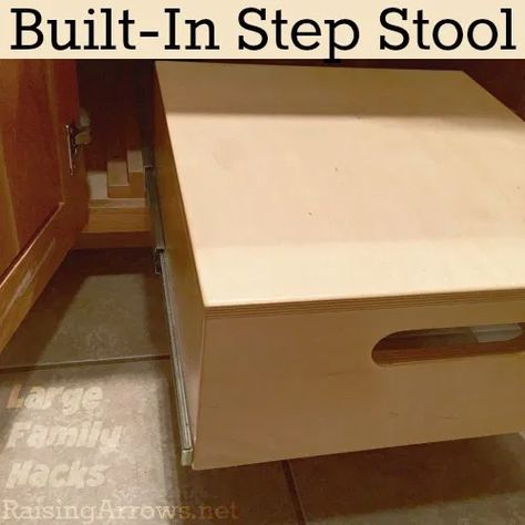 Built-In Step Stool {Large Family Hacks} | RaisingArrows.net Pull Out Step Stool, Built In Step Stool, Cabinet Step Stool, Step Stool Diy, Large Families Living, Bathroom Step Stool, Rustic Cottage Decor, Raising Arrows, Hidden Cabinet