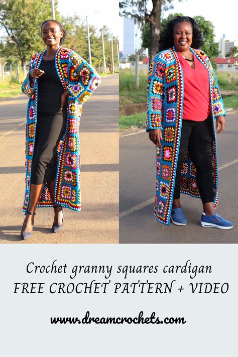 Crochet Granny Square Cardigan. Fun & Easy Pattern. - Dreamcrochets Granny Square Car Coat, Granys Squares Cardigan, Granny Square Long Cardigan Pattern Free, Crochet Long Cardigan Pattern Free Easy, Granny Square Duster Free Pattern, Granny Square Clothing Patterns Free, Crochet Granny Square Jacket Pattern, Crochet Granny Square Cardigan Pattern Free Easy Simple, Granny Square Cardigan Pattern Free Crochet Jacket