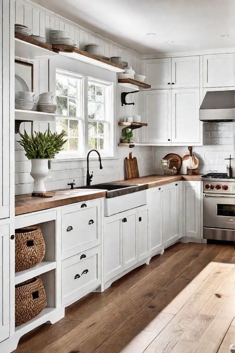 A cozy coastal kitchen with shiplap walls white cabinets and natural wood White Cabinets Wood Countertops Kitchen, Small Kitchen Wood Floor, Natural Wood And White Kitchen Modern, White Wall Kitchen Ideas, Interior Design Kitchen Cozy, Farmhouse Kitchen Shiplap, Cabinets With Shiplap Walls, White Shiplap Walls Kitchen, White Kitchen Cabinets With Wood Counter