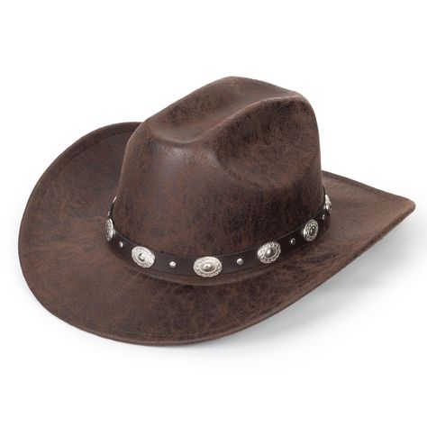 PRICES MAY VARY. Premium PU leather: Elevate your style with our cowboy hat crafted from premium PU leather. Lightweight, breathable, and comfortable, it's the perfect accessory for all-day wear, ensuring you look and feel your best Versatile and Fashionable: The hat, with a 22-22.8 in (56-58 cm) circumference and 4.7 in (12 cm) brim, fits most men and women (7-7 1/4). It's a stylish accessory for street fashion, themed parties, music festivals, outdoor events, weddings, and more Built-in Sweatb Cowgirl Hat Aesthetic, Brown Cowgirl Hat, Fictional Outfits, Cowboy Hat Crafts, Brown Cowboy Hat, Leather Cowboy Hats, Black Cowboy Hat, Outback Hat, Classic Cowboy