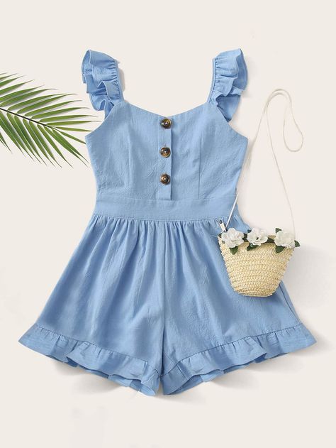 Blue Cute  Sleeveless Cotton Plain Other  Slight Stretch Summer Plus Size Jumpsuits & Bodysuits Diy Sy, Kids Frocks Design, Kids Dress Wear, Baby Dress Design, Girls Frock Design, Kids Fashion Dress