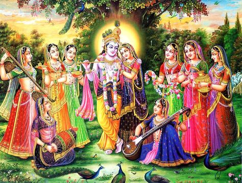 Radha and Krishna surrounded by 8 favorite Gopis राधा कृष्ण वॉलपेपर, Krishna Hindu, Radha Painting, Krishna Flute, Shree Krishna Wallpapers, Shree Radhe, Radha Krishna Wallpaper, Krishna Photo, Lord Krishna Wallpapers