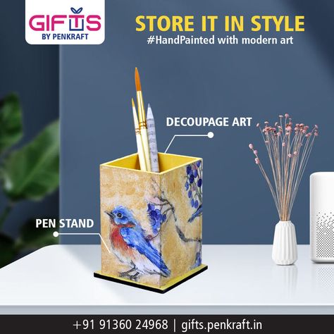 #Buy this Decorative Multipurpose Pen Stand Exclusively hand-painted in Decoupage art. The price of this product is ₹ 699/- Click to buy from our website: https://gifts.penkraft.in/Product-Details/PK-G-76/Decorative-Multipurpose-Pen-Stand-by-Penkraft---Exclusively-hand-painted-in-Decoupage-art/109 or at Amazon India: https://www.amazon.in/dp/B0B888P93Q For queries/assistance - +91 9136024968 Painting On Pen Stand, Paper Pen Stand, Handmade Pen Stand, Multicolor Everyday Stationery With Pen Holders, Wooden Pen Stand Design, Amazon India, Pen Stand, Decoupage Art, Art Pens