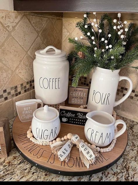 Rae Dunn Coffee Bar Display, Cream Kitchen Decor, Rae Dunn Tiered Tray, Cofee Bar, Rae Dunn Canister Display Shelf, Rae Dunn Mugs Coffee Cups, Cream Kitchen, Kitchen Dinning Room, Coffee Cream