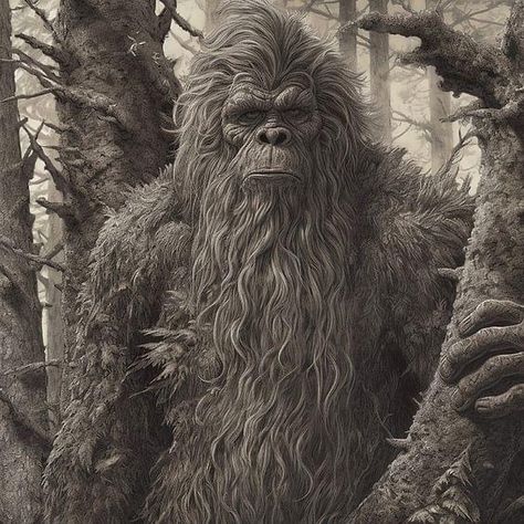 Sasquatch Art Illustration, Big Foot Drawing, Sasquatch Illustration, Bigfoot Tattoo, Cryptic Creatures, Bigfoot Drawing, Bigfoot Illustration, Dover Demon, Fog Painting