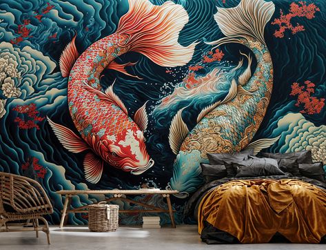 20 Best Home Design Trends For 2024 Fish Mural, Karp Koi, Fabric Wall Hanging, Interior Wall Design, Fish Painting, Painting Wallpaper, Fabric Wall, Koi Fish, Of Wallpaper