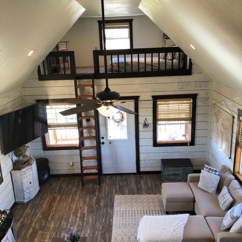 Our smaller loft in our 800sqft in our updated farmhouse style tiny home 16x20 Tiny House Floor Plans With Loft, Tiny House Interior Design Loft, Tiny Homes Aesthetic, Tiny House Chandelier, Tiny Home 2 Story, Tiny Home 16x40, Small Shed House With Loft, Shed With Loft Interior, Tiny House Modern Farmhouse