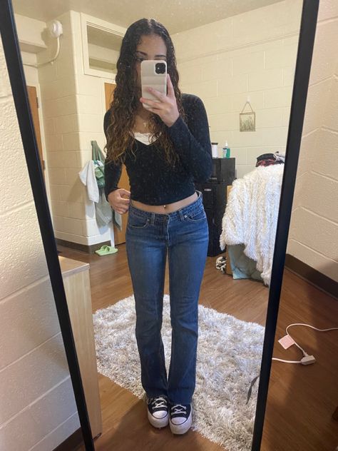 girl posing in the mirror wearing a black long sleeve crop top and boot cut jeans with platform black converse Basic Black Jeans Outfit, Low Bootcut Jeans Outfit, Bootcut Jeans Converse, Bootcut Jeans Outfit Teens, Low Rise Jeans Outfit School, Lose Rise Jeans Outfit, Elena Gilbert Jeans, Dark Bootcut Jeans Outfit, Blue Bootcut Jeans Outfit