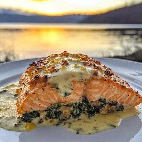 Jamie Oliver Recipes | 🍋 Spinach and Crab Stuffed Salmon with Lemon Cream Sauce 🦀 | Facebook Creamed Spinach Stuffed Salmon, Salmon Spinach Cream Sauce, Shrimp And Spinach Stuffed Salmon, Spinach And Crab Stuffed Salmon With Lemon Cream Sauce, Crab Stuffed Salmon With Cream Sauce, Salmon With Lemon Cream Sauce, Stuffed Salmon Recipes Crabmeat, Stuffed Salmon Crabmeat And Shrimp, Salmon Sauce Recipes