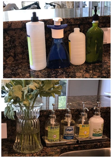 Transfer dish and hand soaps into nice matching soap dispensers for a more clean look (peel off labels and attach to new bottles. ) Sink Soap Organization, Apartment Kitchen Organization, Soap Organization, Kitchen Sink Soap, Bathroom Vanity Organization, Bathroom Sink Organization, Kitchen Sink Organization, Diy Bathroom Storage, Bathroom Organization Diy