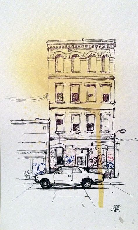 "Facade new-yorkaise" by GRAFFMATT #graffmatt #graffiti #newyork #avenue #house #building #urban #drawing #urbandrawing #urbanscene #cityscape #art #vehicule #nyc #street #draw #illustration Street With Buildings Drawing, Urban Sketching Buildings, Building Drawing Simple City, How To Draw Apartment Building, Building Facade Drawing, Nyc Buildings Drawing, How To Draw Street, Cityscape Art Drawing, Graffiti Building Drawing