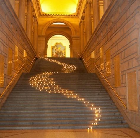 Candles on stairs ❤ Event Hall, Stair Decor, Candle Displays, Wedding Decor Inspiration, Reception Hall, Event Company, Wedding Lights, Event Styling, Event Rental