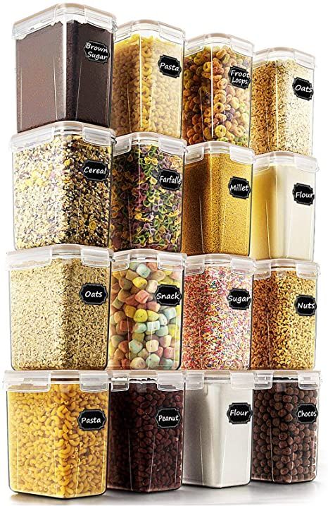 Airtight Food Storage Containers - Wildone Cereal & Dry Food Storage Container Set of 16 with Khaki Lids for Flour and Baking Supplies, Leak-proof & BPA Free, with 20 Labels & 1 Marker Cereal Storage, Pantry Fridge, Food Canisters, Food Storage Organization, Airtight Storage, Dry Food Storage, Food Storage Container Set, Kitchen Hacks Organization, Bulk Food