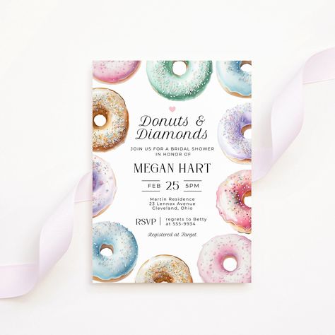 Donuts and Diamonds Invitation, editable template, bridal shower, engagement, bridal brunch, donut mind if I do, instant download, 5x7 Brunch Baby Sprinkle, Donuts And Diapers, Donut Invitation, Invitation Engagement, Winter Bridal Showers, Sprinkle Donut, Baby Shower Brunch, Bridal Shower Brunch, Baby Shower Diapers