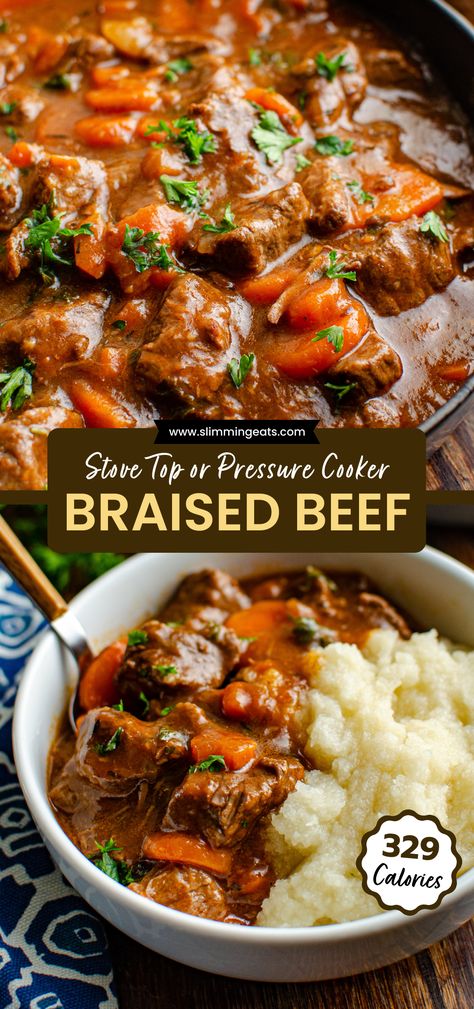 Instapot Braised Beef, Braised Beef Instant Pot, Low Calorie Beef Stew, Low Calorie Comfort Food, Beef Bolognese Recipe, Diced Beef Recipes, Beef Hotpot, Pressure Cooker Recipes Healthy, Braised Beef Recipes