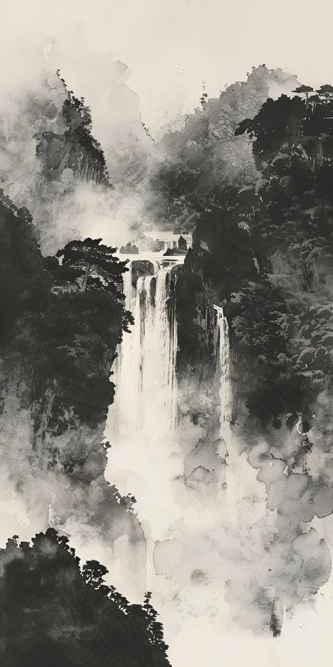 Dive into tranquility with this monochrome art. A waterfall flows amidst cliffs and forests, inviting peace. Save & follow for more stunning visuals. Bring this serene landscape into your space. #Artprint #Waterfall #Monochrome #Tranquility #ArtCollection #imageprompt #Aiimage Monochrome Painting Watercolor, Monochrome Watercolor Paintings, Ink Art Landscape, Monochrome Forest, Waterfall Watercolor, Monochrome Landscape, Monochrome Wallpaper, Abstract Forest, Japanese Ink Painting