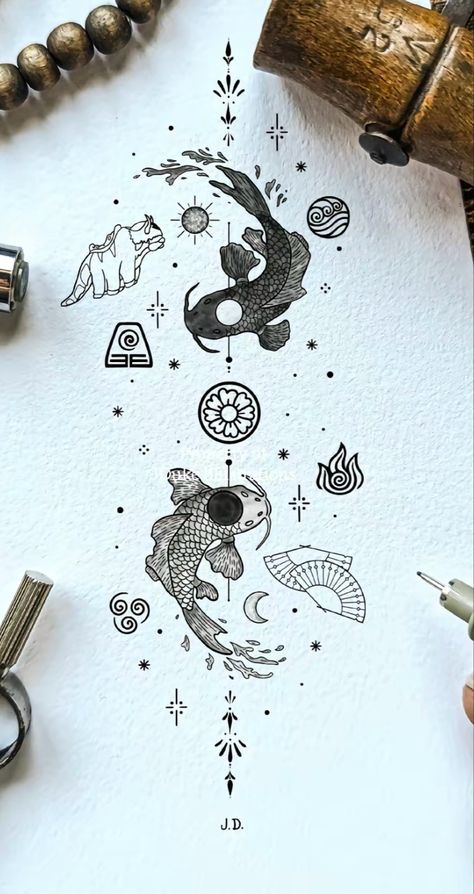 Koi Avatar Tattoo, Avatar The Last Airbender Back Tattoo, Avatar The Last Airbender Tattoo Ideas, Kindness Tattoo, Avatar The Last Airbender Tattoo, Baby Dragon Art, Atla Tattoo, Avatar Tattoo, Left Arm Tattoos