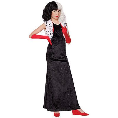 Kids Evil Queen Costume - Disney Villains - Spirithalloween.com Cruella Deville Cosplay, Cruella Deville Costume, Halloween Spirit Store, Disney Cruella, Spirit Costume, Cruella Costume, Cruella Deville, Red Gloves, Duster Jacket