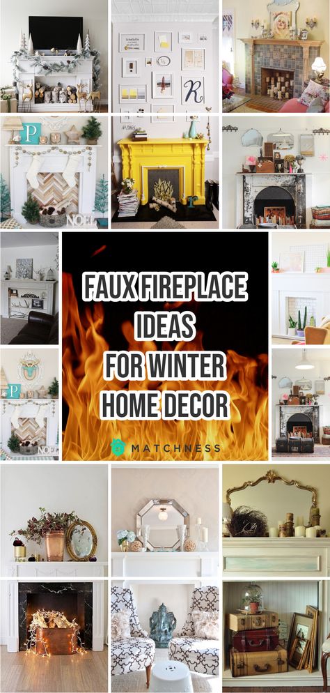 10 Faux Fireplace Ideas for Winter Home Decor - Matchness.com Create Faux Fireplace, How To Make A Faux Fireplace, Two Story Faux Fireplace, Faux Fireplace Mantle, Faux Fireplace Mantel, Faux Fireplace Bookshelf, Faux Fireplace Diy Easy, Fireplace Insert Ideas Decor, Faux Fireplace Decor