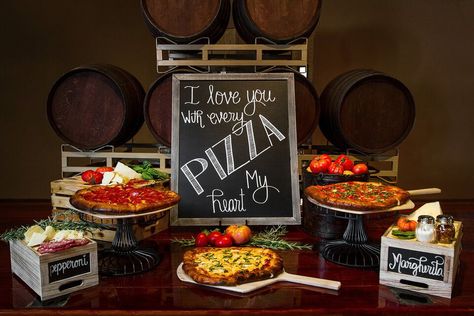 Pizza Party Wedding, Pasta Buffet, Pizza Display, Pizza Wedding, Fancy Pizza, Pizza Buffet, Nyc Engagement Photos, Pink Cake Box, Engagement Party Diy