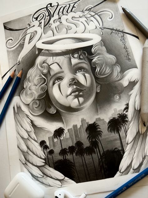 Chicano Angel with ‘Stay Blessed’ lettering (pencil on paper 24x33) Chicano Tattoo Drawings, Chicano Angel Tattoo, Tattoo Ideas Chicano, Chicano Tattoo Design Ideas, Chicano Tattoo Designs, Chicano Lettering Tattoo, Chicano Art Style, Chicano Tattoo Design, Chicano Drawing