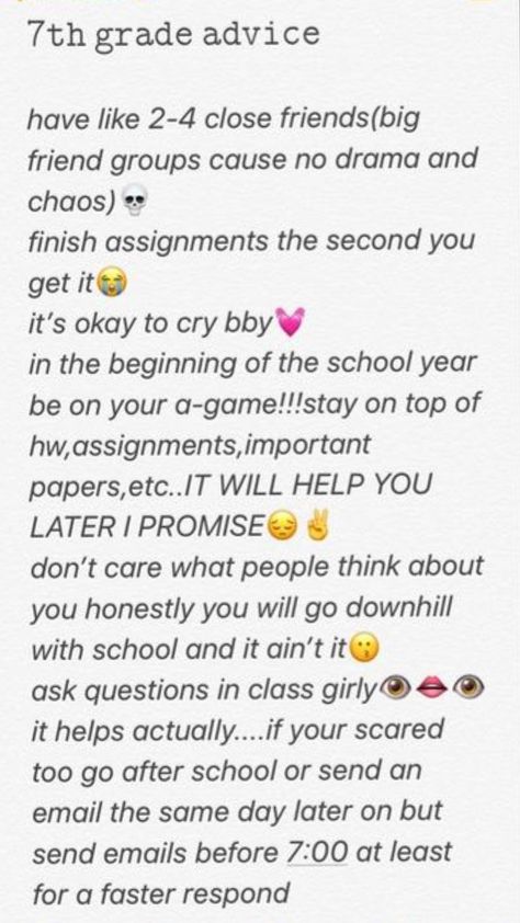 7th grade! comment any other grades u want ✌ /tags/ #7thgrade #tips #tipsfor7thgrade #7th #schooltips #tips #school 7th Grade Advice, 8th Grade Tips, 7th Grade Tips, Big Friends, No Drama, Beginning Of The School Year, Oh Well, 7th Grade, You Get It