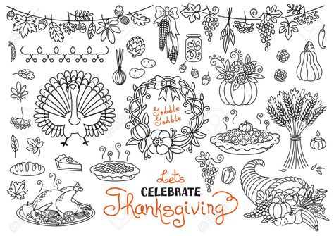 Thanksgiving doodles, bullet journals. Thanksgiving Doodles Turkey, Thanksgiving Doodles, Thanksgiving Drawings, Turkey Drawing, Love Anniversary Quotes, Visual Journal, Bullet Journal Doodles, Vector Drawing, Chalkboard Art