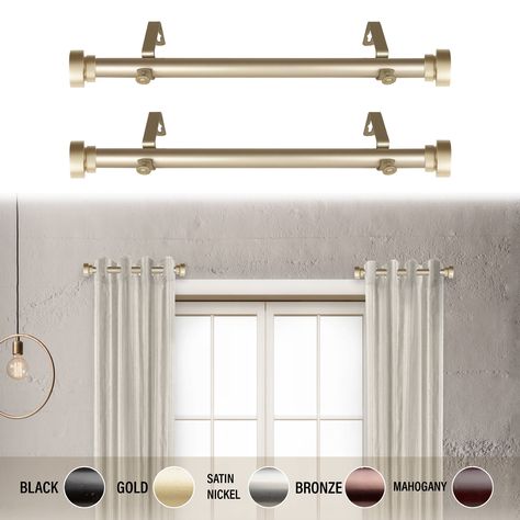 Free 2-day shipping. Buy 1" dia Side Curtain Rod 12-20 inch long (Set of 2) - Gold at Walmart.com Large Window Treatments Living Rooms, Large Window Treatments, Short Curtain Rods, Small Curtain Rods, Gold Curtain Rods, Long Curtain Rods, Bay Window Curtain Rod, Curtains Pictures, Half Curtains