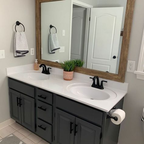 Black Chalk Paint Bathroom Vanity, Redone Bathroom Vanity, Gray Bathroom Vanity Paint Colors, Updated Builder Grade Bathroom, Black Vanity White Counter, Black Painted Vanity Bathroom, Dark Stain Bathroom Vanity, Best Black Paint For Bathroom Vanity, Bathroom Remodel Black Vanity